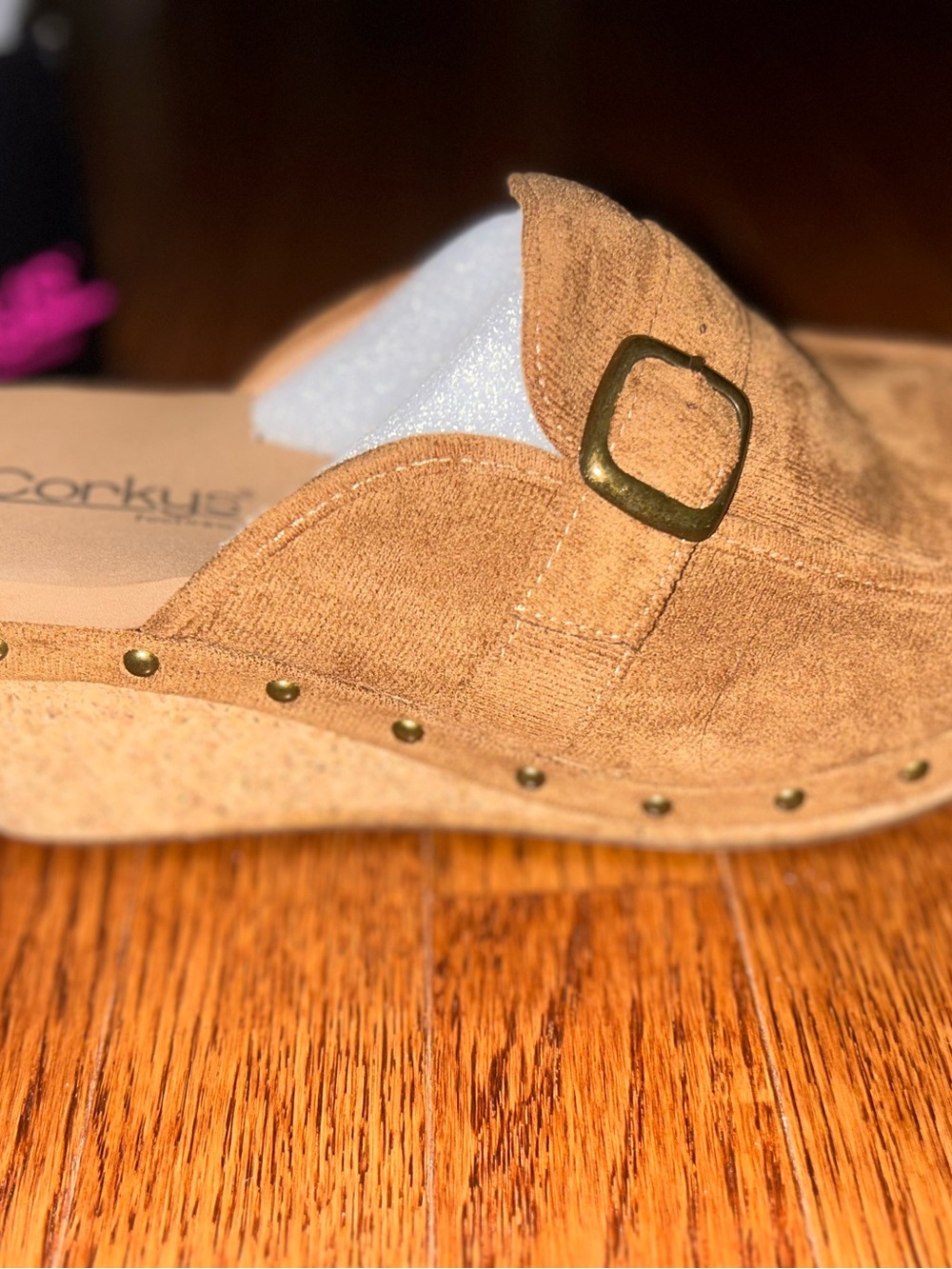 Corkys Tan Suede Buckle Clog Mule
